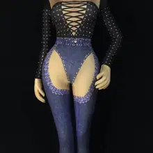 Сексуальный джинсовый комбинезон с принтом, фото снаряжение для стрельбы, сценический танец, стрейчевый боди, цельный костюм, женский певец, леггинсы для выступлений