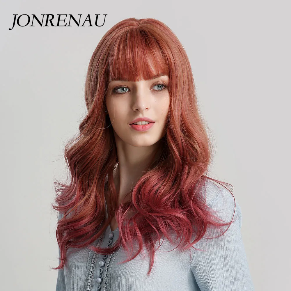 JONRENAU длинные волнистые волосы парики с аккуратной челкой оранжевый и бордовый цвет Омбре синтетические женские косплей или натуральный парик
