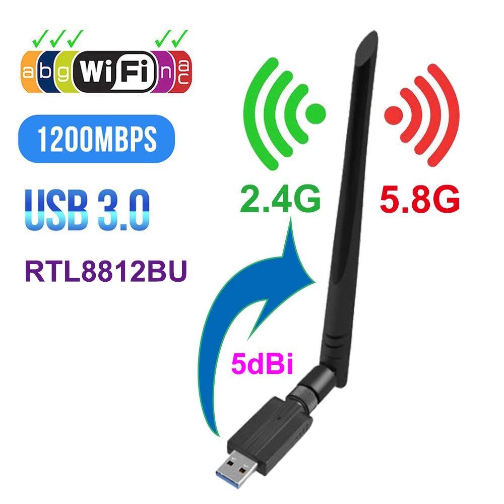 

1200 Mpbs 5GHz USB wifi AC adapter for TV PC wifi antenna 5db RTL8812BU USB3.0 ethernet Wlan adapter wifi dongle card usb WI FI