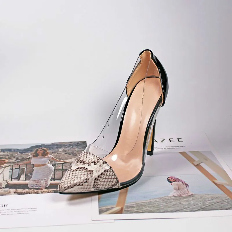 

Real Photo Cost Pirce Stiletto Heel Pumps Black Patent Leather Transparent PVC Patchwork Dress Shoes Pointed Toe Pumps