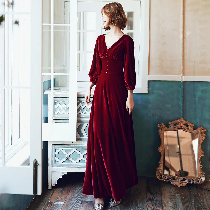 AE596 Robe De Soiree бургундское сексуальное велюровое вечернее платье для женщин ТРАПЕЦИЕВИДНОЕ с v-образным вырезом элегантное официальное вечернее платье