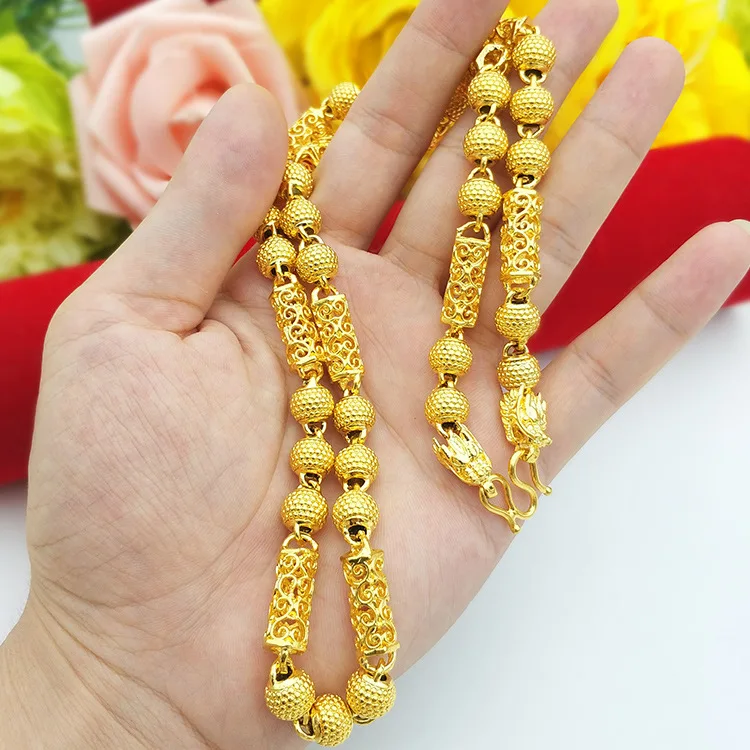 

Men's Viet Nam Alluvial Gold Cutout Carvings Flower Column with Dull Polish Round Beads Xiangyun Leading Necklace Supply of Good