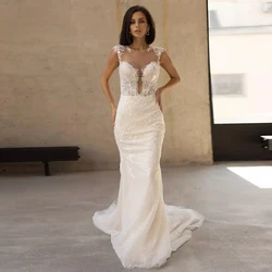 Deep V-Neck Sequined Sleeveless White Wedding Dresses with Soft Tulle 2022 Court Train Bridal Gowns Button Back robe de mariée