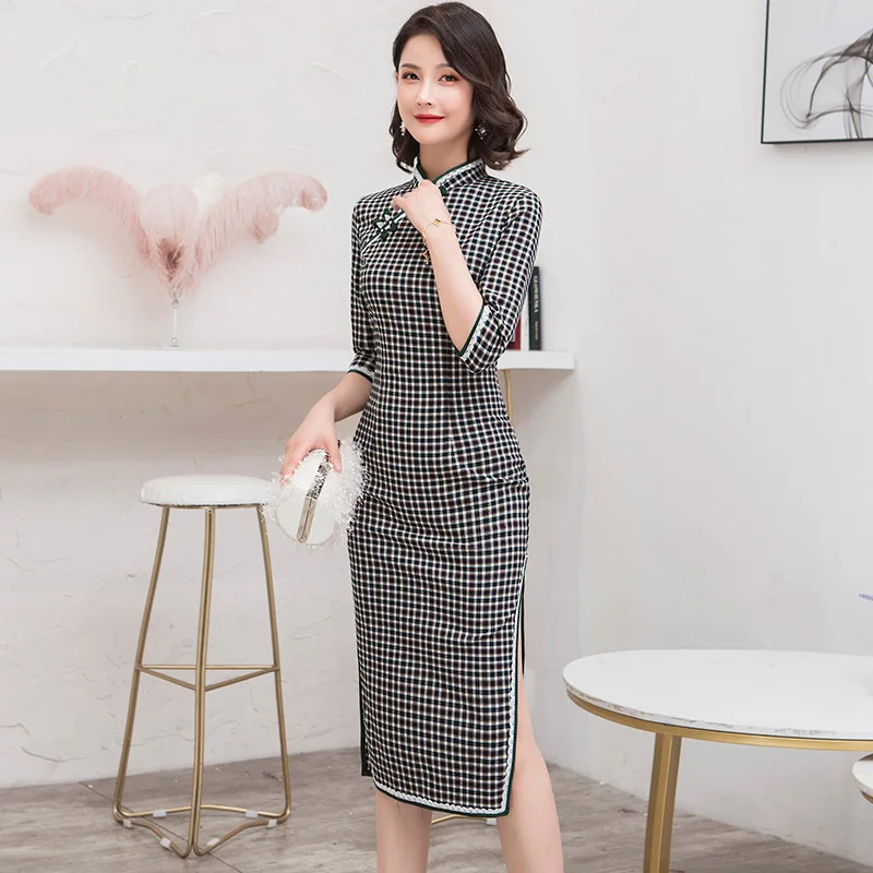 Модное Платье До Колена Cheongsam в китайском стиле с воротником-стойкой, женское весеннее платье из полиэстера Qipao, тонкое вечернее платье Vestido M-3XL