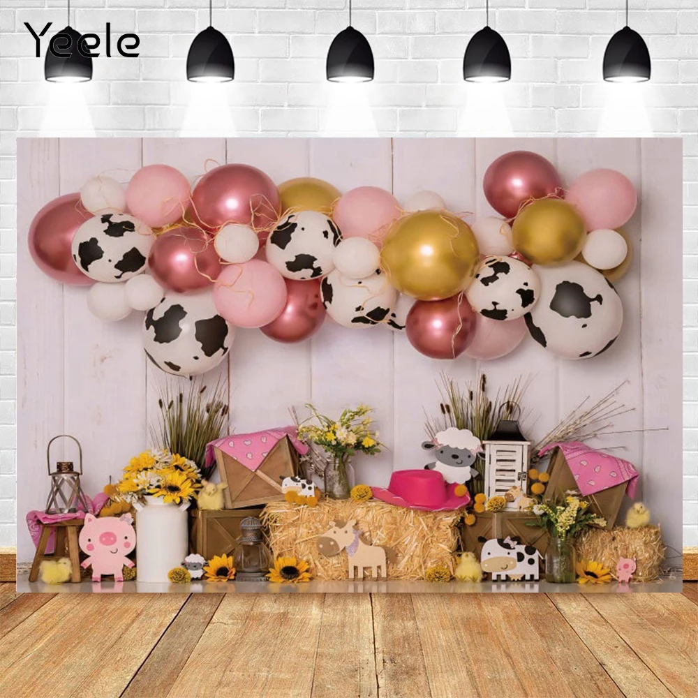 

Yeele Baby Birthday Backdrop Photozone Cow Balloon Animal Background Children Party Photo Studio Haystack Photophone Props