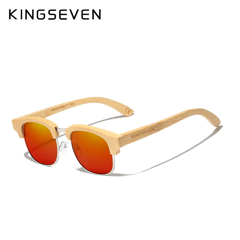 KINGSEVEN, новинка, Ретро стиль, бамбуковые, натуральные, мужские солнцезащитные очки, поляризационные, деревянные, весна, петля, UV400, защита, Oculos De Sol Feminino, G5916 - Цвет линз: Red