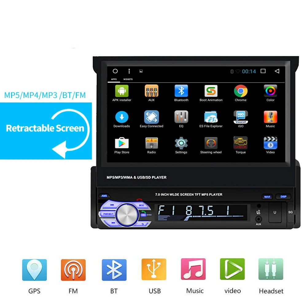 4G+64G Octa core Android 9.0 Univeral One din Car radio Multimedia Player GPS Navigation 7" IPS HD Retractable Autoradio AUX-IN