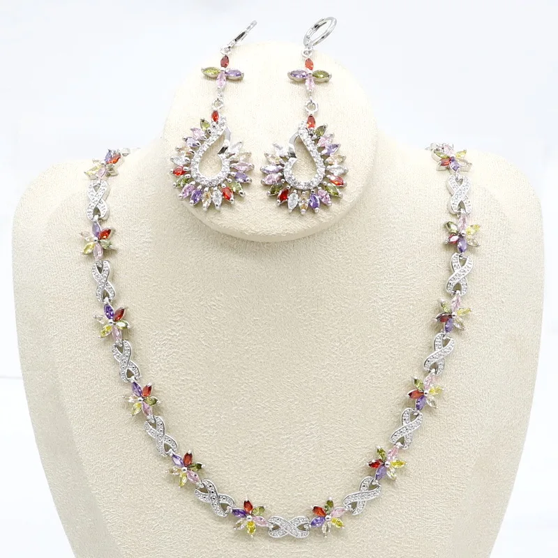 

Multicolor Zirconia Silver Jewelry Sets for Women Necklace Earrings Set Wedding Bridal Birthday Gift