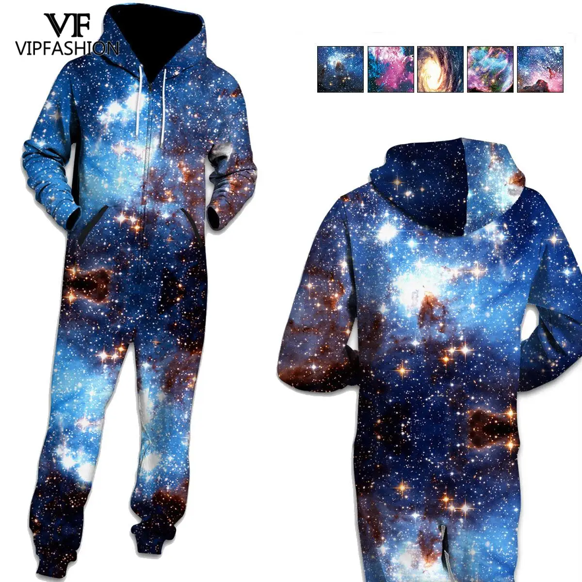 

VIP FASHION New Adult Spandex Costume Galaxy Starry Printed Nightwear Pyjamas Pajamas Zippers Hooded Rompers Womens Jumpsuit