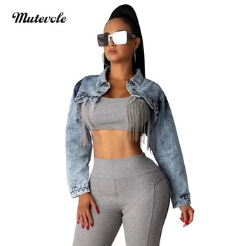 

Mutevole Women Casual Extra Short Denim Jacket Autumn Long Sleeve Tassel Jacket Button Turn Down Collar Sexy Crop Jeans Jacket