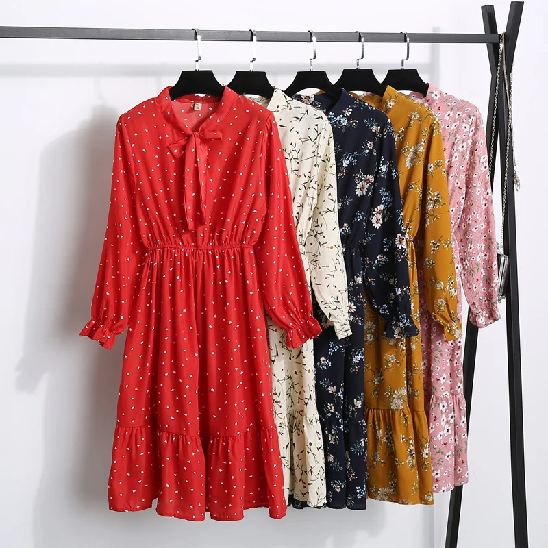 

autumn dress women chiffon elegante fashion high quality polka dot print fairy midi dress long sleeve vestidos casual mujer 2019