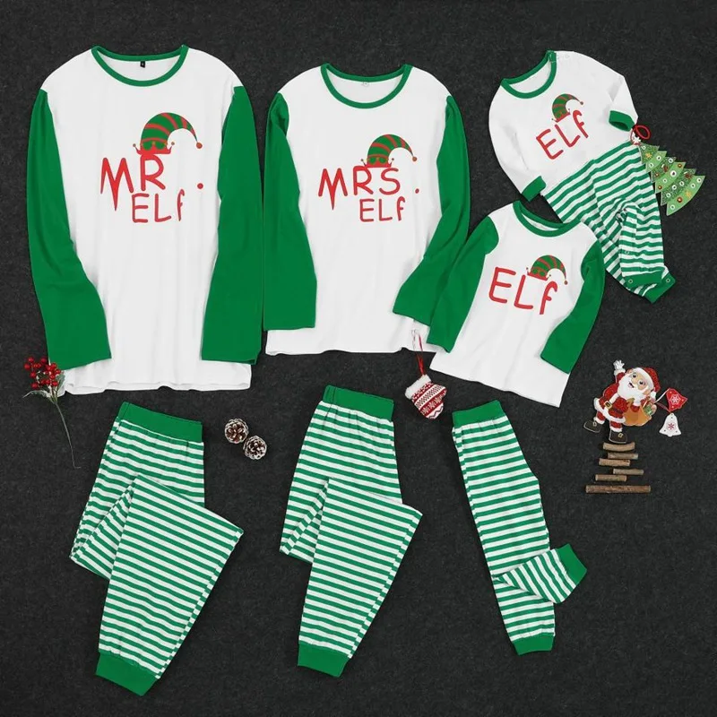 

Christmas Pajamas Winter Warm Soft Green Stripe Printed Nightwear Clothing Set Xmas New Year Clothes Family Look