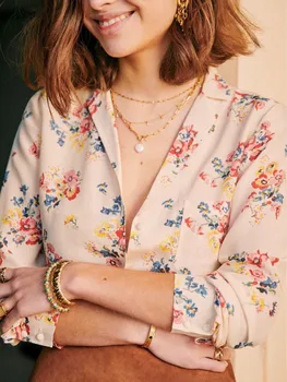 

100% Silk Blouse for Women New 2020 Autumn Long Sleeve Notched Printing Sweeting Casual Shirts