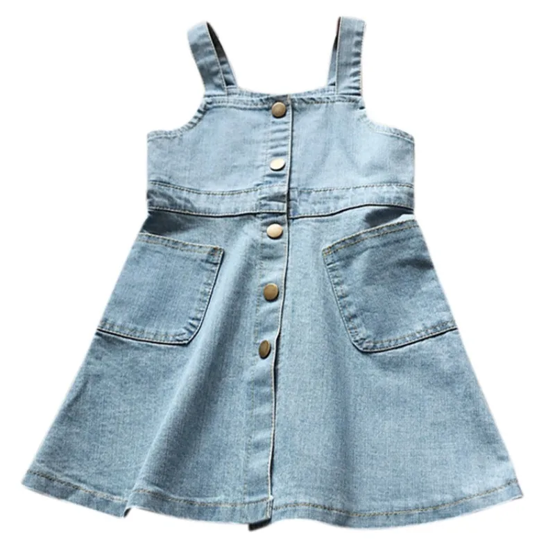 

2019 Summer Baby Girls Strap Solid Print Pattern Casual Denim Dress Kids Toddler Princess Sundress 1