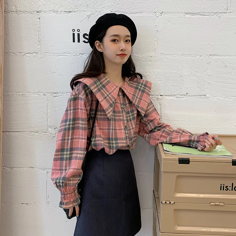 

Photo Shoot New Style Korean-style Peter Pan Collar Plaid Shirt