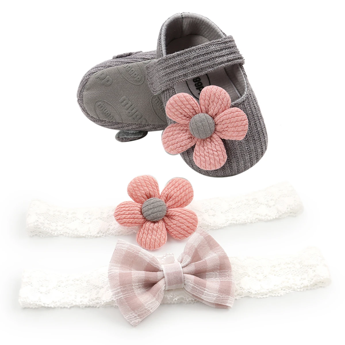 Spring 0-18M Baby Girl Baby Shoes+Bow+Floral Headband Set Big Flower Soft Sole Flats Infant Toddler