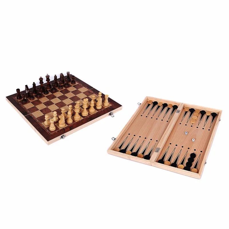 New 3 in 1 Wooden International Chess Set Board Travel Games Chess Backgammon Draughts Entertainment