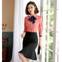 Весенне-осенние комплекты из 2 предметов, женские деловые костюмы с юбкой и топом, женские розовые блузки и рубашки, Офисная форма, стиль