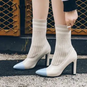 

ZALAVOR Women High Heels Boots Mixed Color Winter Half Short Boots Fashion Sexy Shoes Woman Meeting Party Footwear Size 32-43