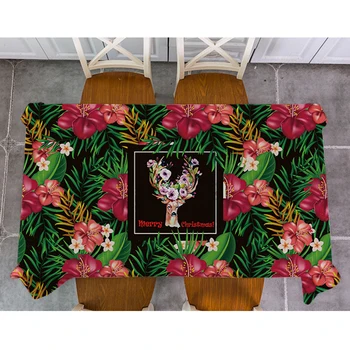 

plant leaves Christmas elk Santa Claus Table Cloth Cotton Linen rectangle Tablecloth Dining Table Cover For Kitchen Decor
