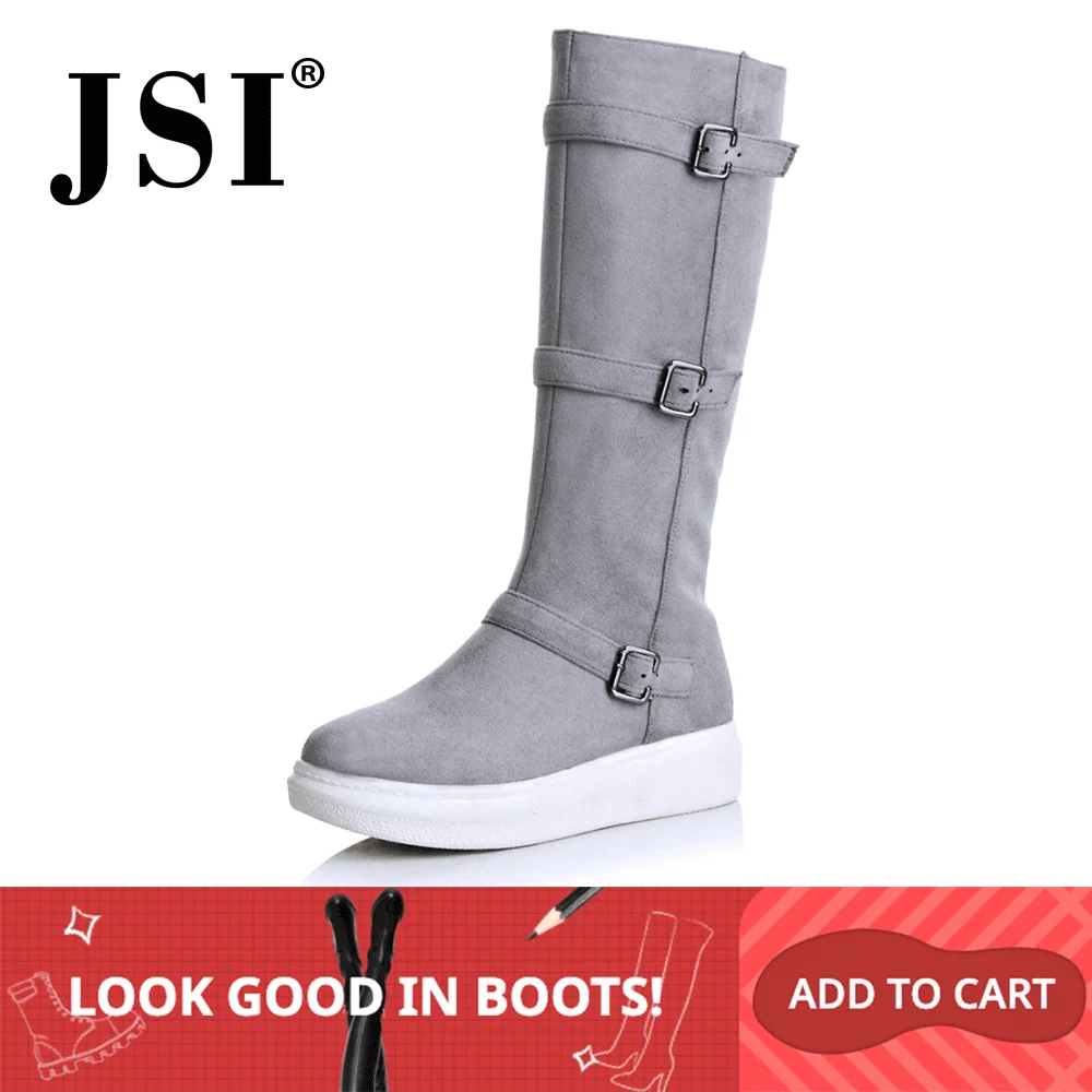 

JSI Winter Women Boots Round Toe Solid Mid-Calf Ladies Shoes Zip Microfiber Flat With Buckle Handmade Basic Boots Women je34