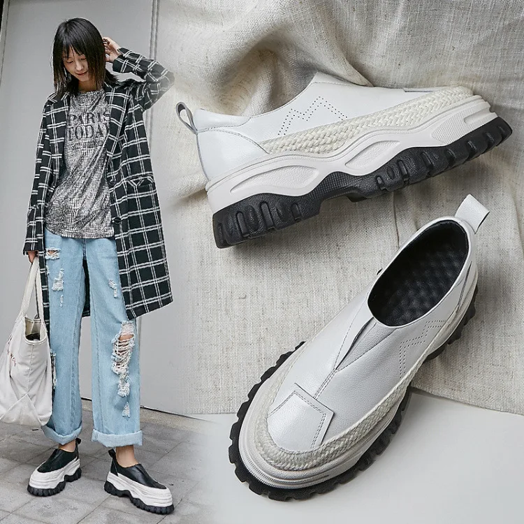 

2019 Autumn New Style Slip-on Platform Shoes Women's Full-grain Leather Extra High White Shoes Lazy Thick Bottomed Single Shoes