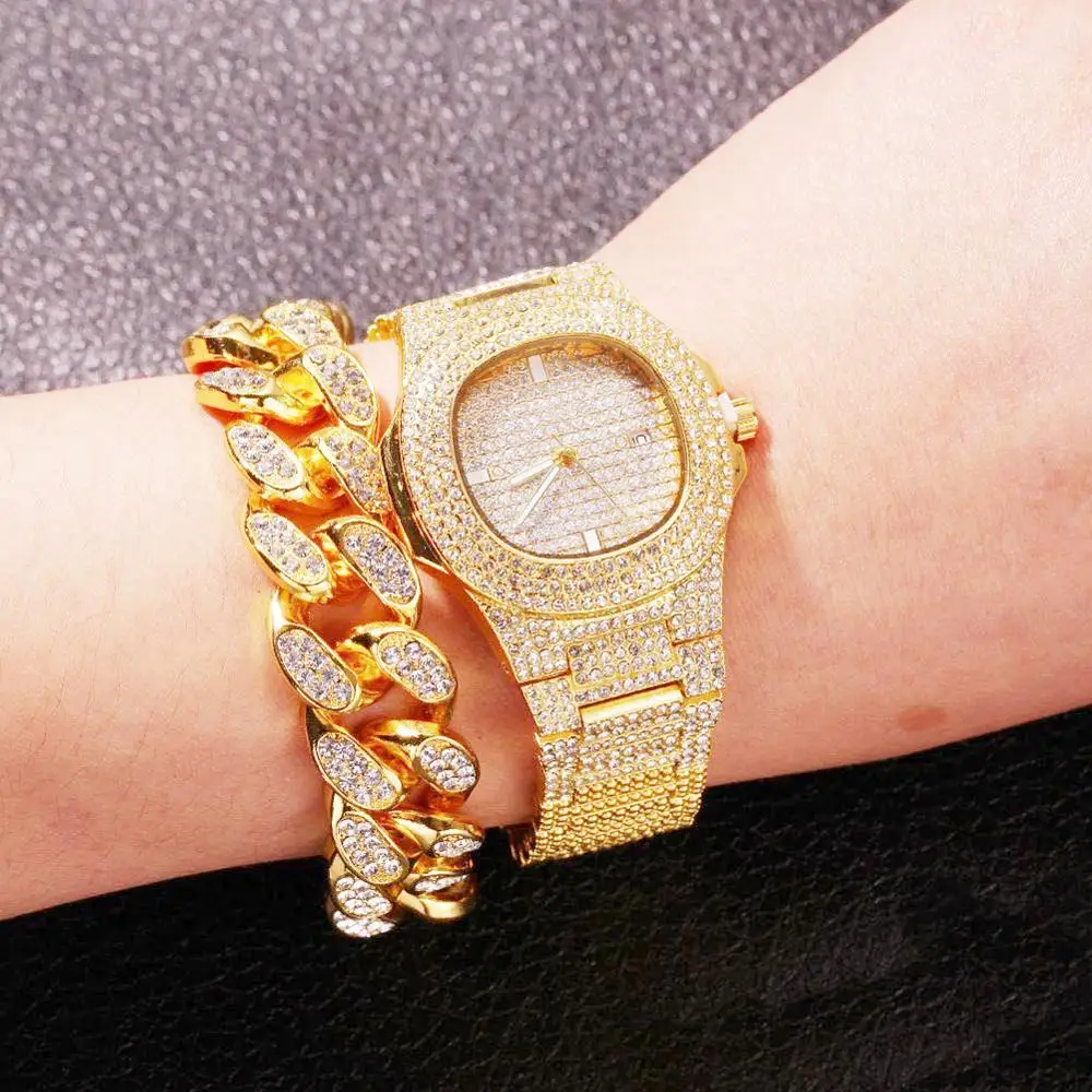 3Pcs Watch+Bracelet+Necklace Hip Hop Miami Cuban Chain Gold Watch Iced Out Paved Rhinestones CZ Bling Rapper Men Jewelry Joyas