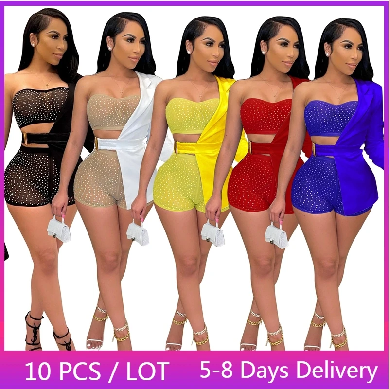 matching lounge set Wholesale Items Sexy Two Piece Set Women Birthday Rhinestone Mesh Crop Top + Blazer and Shorts Set Party Club Outfits for Women sweatpants set