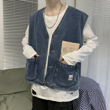 

2019 autumn mens denim gilet bf wind loose Cotton short vest winter male sleeveless jacket Blue Japan Style Single Breasted