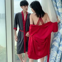 Lovers' халатик сексуальная спина большая спина halterneck ночная рубашка двухсекционная Домашняя одежда мужская пижама из искусственного шелка дамское белье