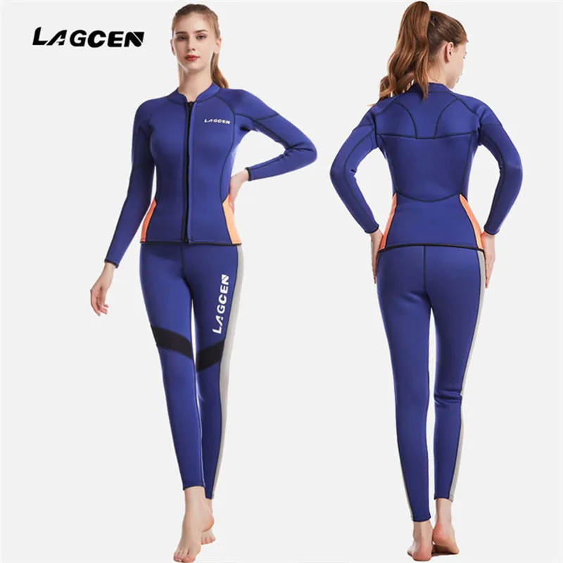 LAGCEN 2.5mm Neoprene Wetsuit Women Long Sleeve Scuba Diving suit Female Surfing Snorkeling 2 Pieces Set Winter Thermal Swimsuit diving suit