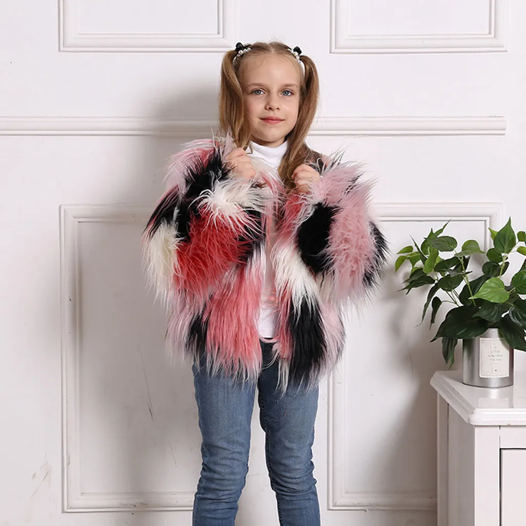 Зимняя ветрозащитная двухфактурная кофта из искусственного меха для маленьких девочек, теплая мягкая верхняя одежда, привлекательное пальто с длинными рукавами для маленьких девочек