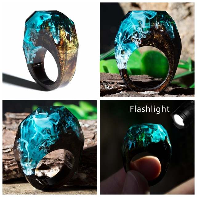 Fashion Wood Resin Ring Female Forest Handmade Rainbow Star Secret Sky Micro Landscape Wooden Ring High Quality Jewelry