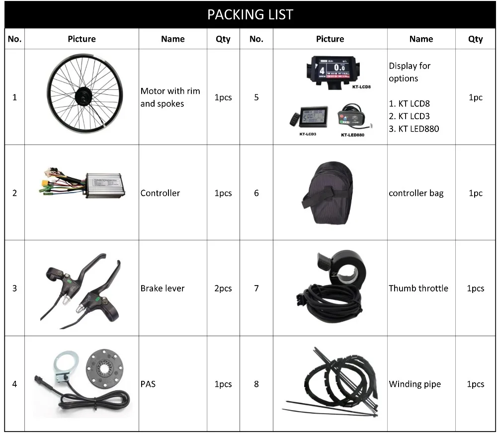 MXUS motor kit packing list