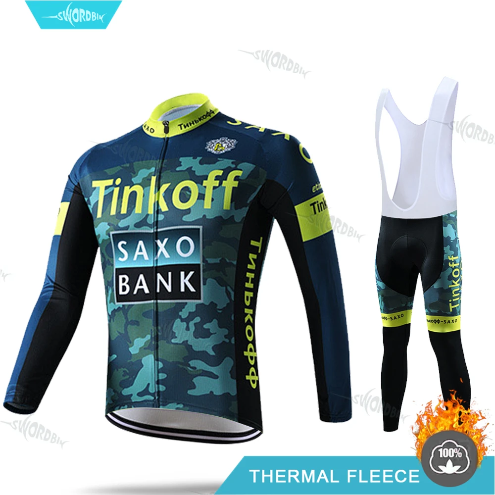 Велоспорт одежда для мужчин Pro Team Велоспорт трикотажный комплект Tinkoff Мужская зимняя одежда флуоресцентный цвет Тепловая флисовая одежда комплект с длинными рукавами MTB Uninform - Цвет: Bib Cycling Set