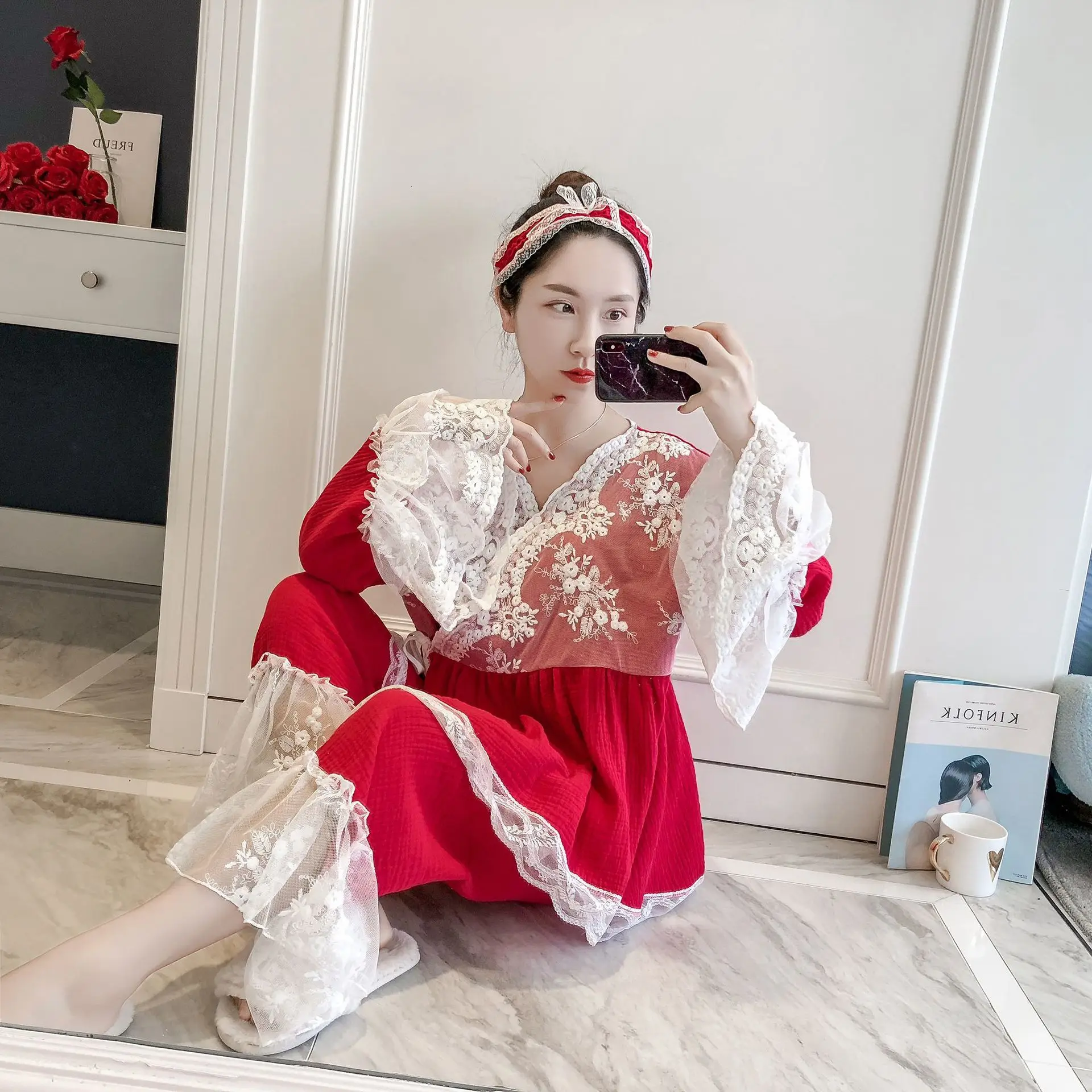 

Patchwork Lace Fashion Woman Cotton Blending Kimono Pajamas Loose Long Sleeve Trousers Set Sleepwear