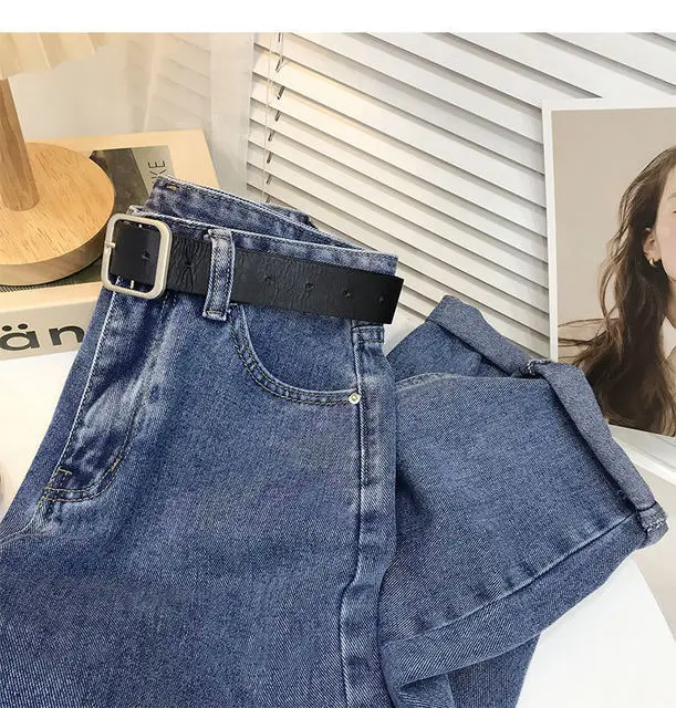 2021 New High-waist Jeans Long Pants Autumn/Winter Women's Denim Straight-leg Pants Female Loose Stretch Harlan Pants Blue