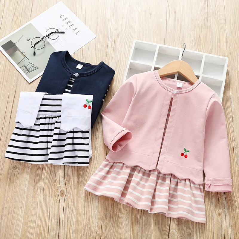 Лидер продаж, Осеннее Повседневное платье с длинными рукавами для маленьких девочек, платье из 2 предметов сарафан принцессы в полоску с принтом вишни, 8