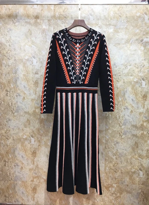 autumn and winter new women's round neck hem folding stripe printed knit dress