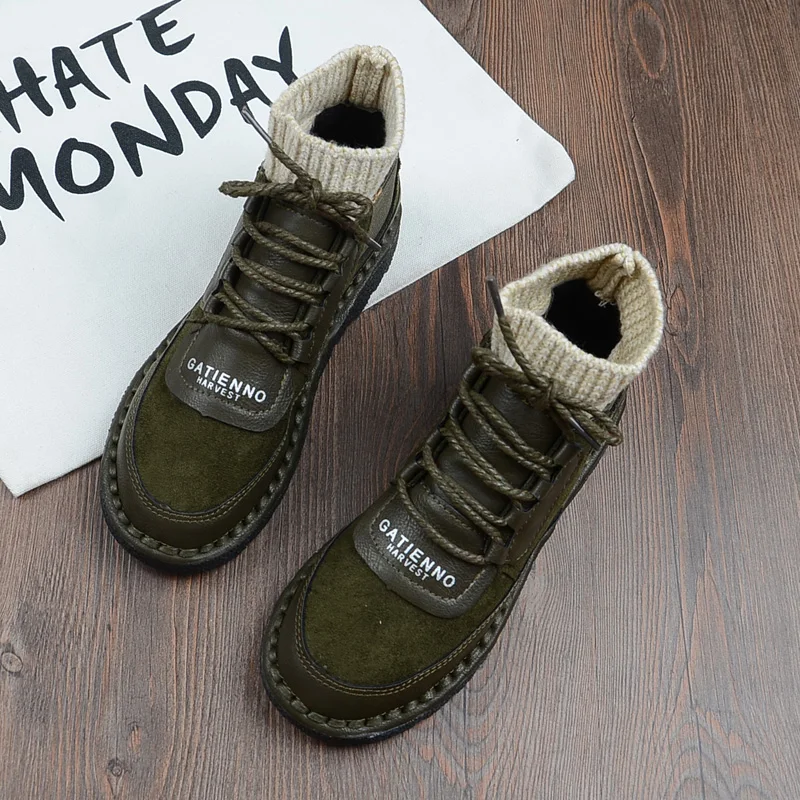 

NAUSK retro women's casual short boots European American style soft bottom knit wool mouth flat bare boots Martin boots.