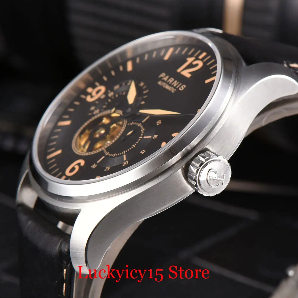 Роскошные мужские наручные часы PARNIS 44 мм, с автоматическим перемещением, с Т-образным полым циферблатом, специальный дизайн, сапфировое стекло