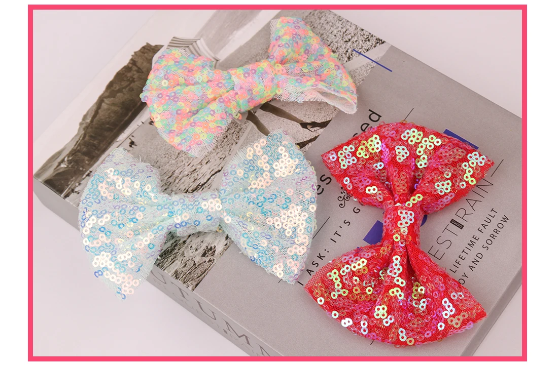 8pcs/set Girls Glitter Bows Princess Sweet Knot Design 4 Inch Bow WITH/WITHOUT Clips Shiny Sequin Rainbow Pink Color Hairbow