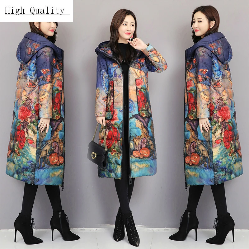 

Womens Coats Winter Thick Warm Down Jacket Long Down Parka Plus Size 5XL Print Coat Female Hooded Fashion Clothes LWL1336