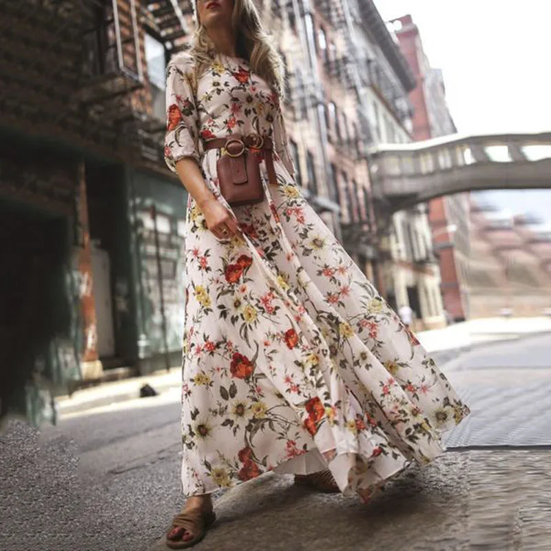 Vestido maxi floral boho feminino, vestido longo