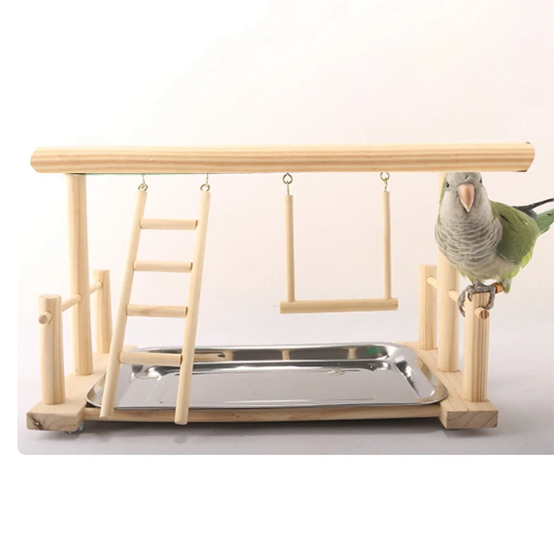 

Wood Play Stand and Stainless Steel Tray Pet Bird Frame Station Parrots Playground Perch Gym Training Stand Bird Comfortable Toy