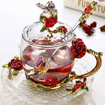 

RED ROSE ENAMEL GLASS COFFEE MUGS TEA CUPS AND MUGS HANDMADE HEAT RESISTANT GLASSES WATER CUP DRINKWARE LOVER GIFT WEDDING CUP