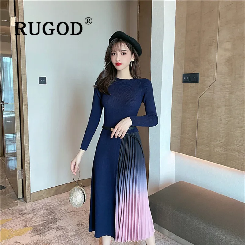 RUGOD, винтажное лоскутное вязаное женское платье, модное, тонкое, плиссированное, Осень-зима, длинное женское платье, платья с поясом