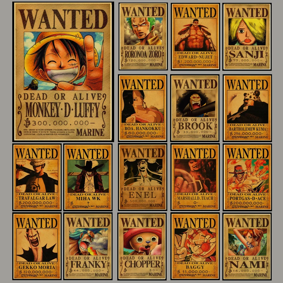 Japanese Anime Poster One Piece Wanted Wall Stickers Vintage Poster Prints High Quality For Bar And Home Decor