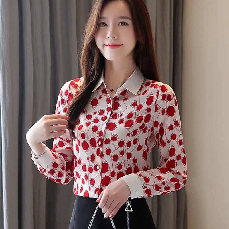 Korean Fashion Chiffon Women Blouses Dot Long Sleeve Red Women Button ...