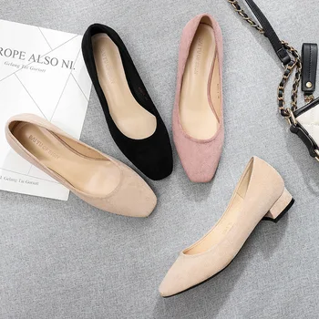 

Spring New Model Low Heel Square Head Shoes Shallow Mouth Single Shoes Women's Square Heel Black Professional Ladies Pumps G0001